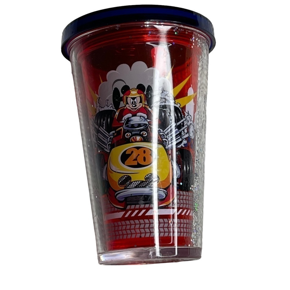 Disney Store Mickey Mouse Roadster Racers Glitter Tumbler Red Blue Lid 6 Inch